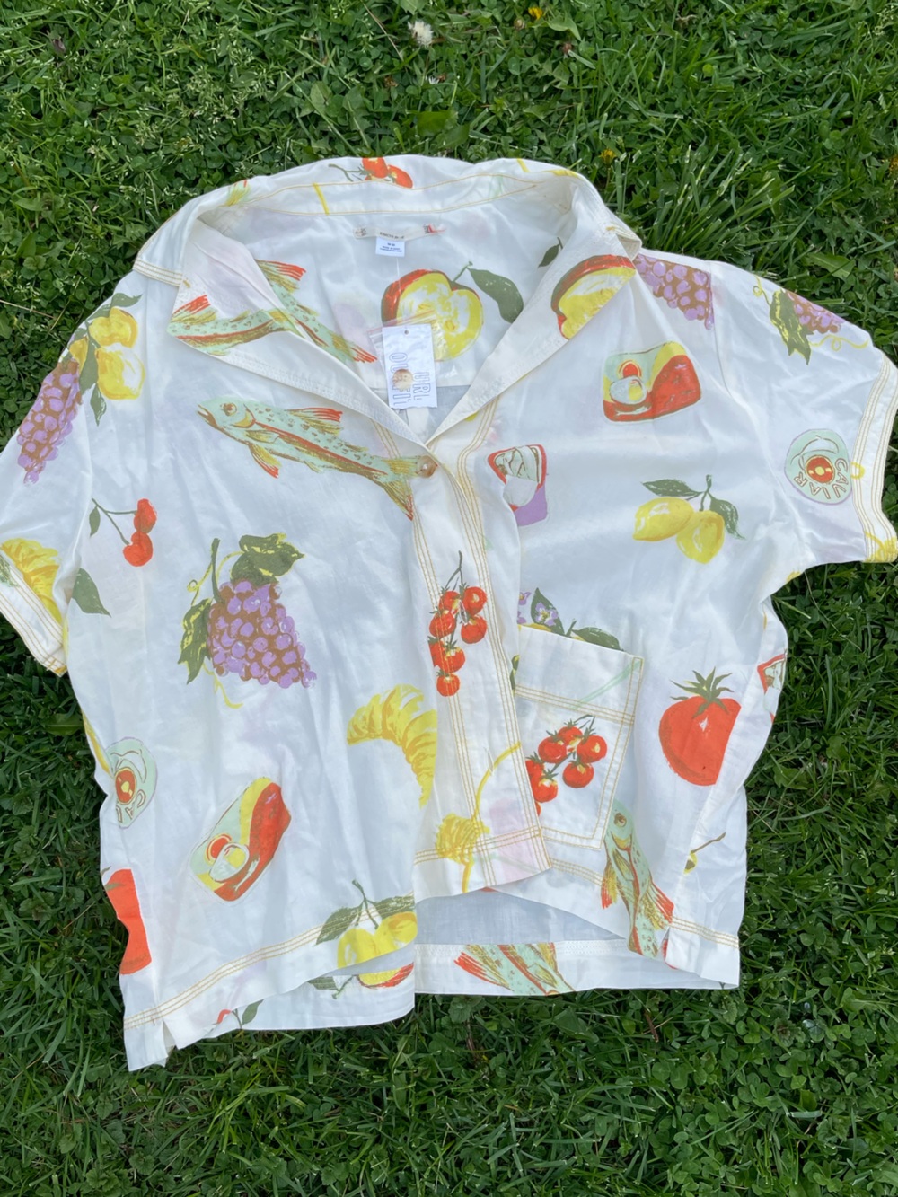 Kimchi Blue White Crop Button-Up Shirt with Colorful Fruit & Veggie Print - Picture 1 of 9